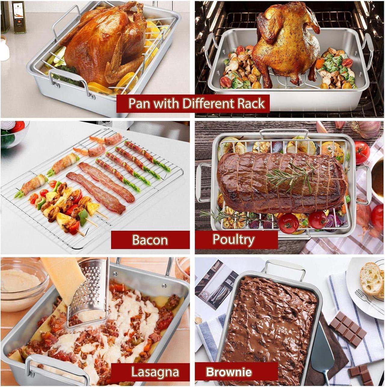 Alt view image 5 of 7 - P&P CHEF Roasting Pan Set (8 PCS), 14 Inch Stainless Steel Turkey Roaster Pan, Flat & V-shaped Roasting Racks & Beer Can Chicken Holder, Meat Claws & Tenderizer, Brush, Healthy & Heavy Duty