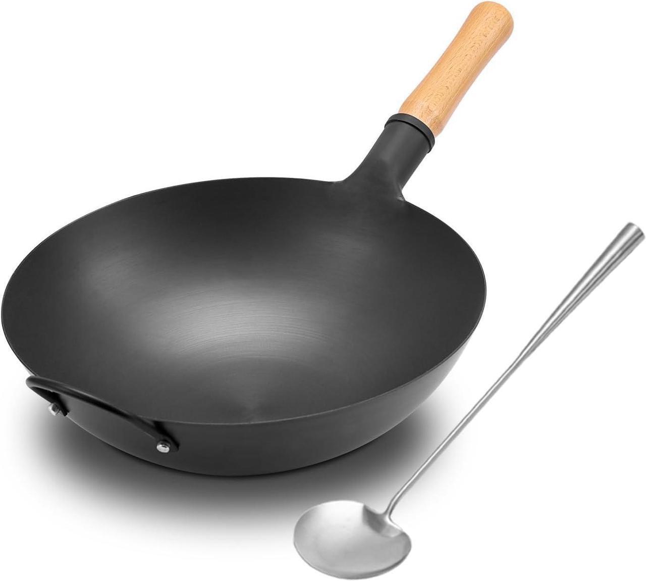 Main image of WANGYUANJI Iron Wok,13.38 Traditional Round-Bottom Wok, Chefs Professional Stir-Fry Pan with Wooden Handle, Chemical-Free Wok for Gas Stoves and Round-Bottom Induction Stovetop(No lid included)