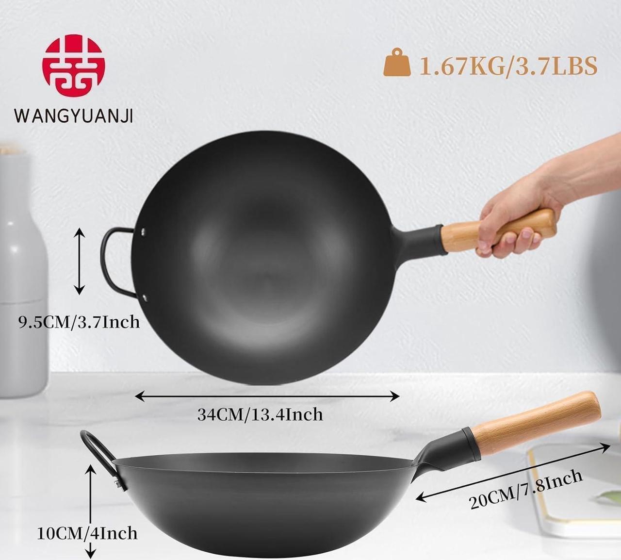 Alt view image 2 of 7 - WANGYUANJI Iron Wok,13.38 Traditional Round-Bottom Wok, Chefs Professional Stir-Fry Pan with Wooden Handle, Chemical-Free Wok for Gas Stoves and Round-Bottom Induction Stovetop(No lid included)