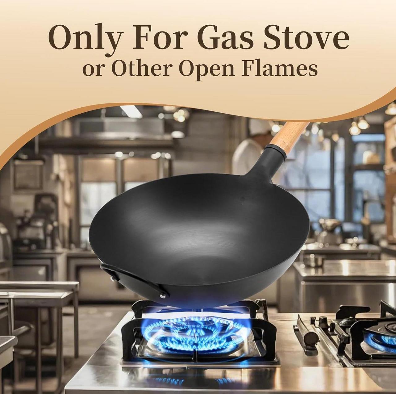 Alt view image 3 of 7 - WANGYUANJI Iron Wok,13.38 Traditional Round-Bottom Wok, Chefs Professional Stir-Fry Pan with Wooden Handle, Chemical-Free Wok for Gas Stoves and Round-Bottom Induction Stovetop(No lid included)
