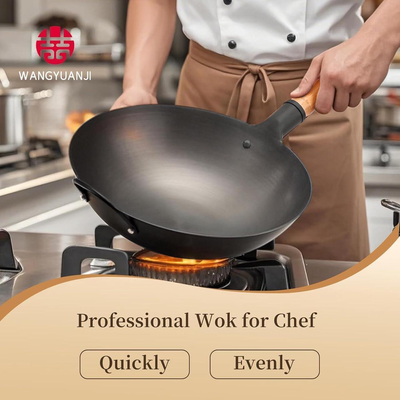 Alt view image 4 of 7 - WANGYUANJI Iron Wok,13.38 Traditional Round-Bottom Wok, Chefs Professional Stir-Fry Pan with Wooden Handle, Chemical-Free Wok for Gas Stoves and Round-Bottom Induction Stovetop(No lid included)