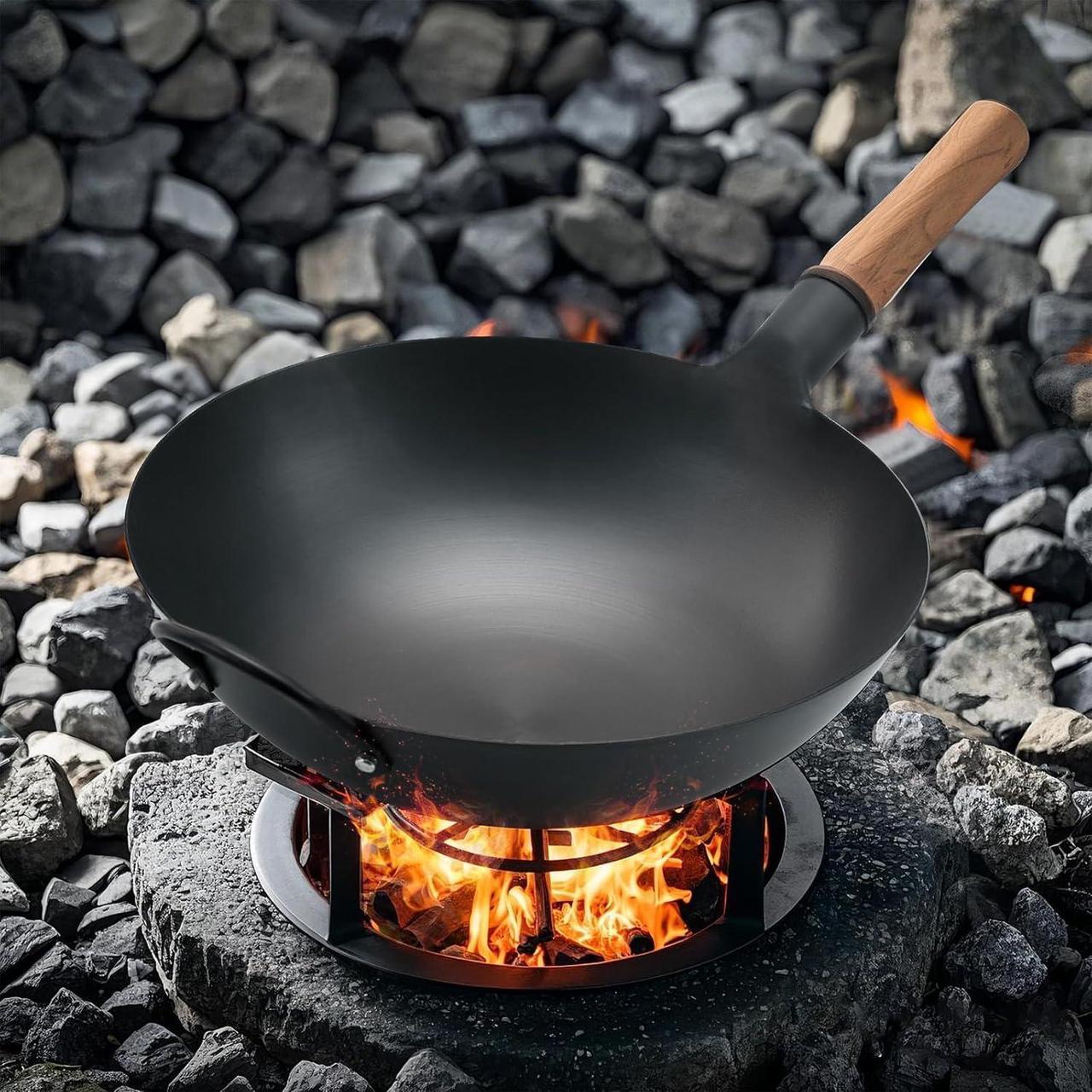 Alt view image 6 of 7 - WANGYUANJI Iron Wok,13.38 Traditional Round-Bottom Wok, Chefs Professional Stir-Fry Pan with Wooden Handle, Chemical-Free Wok for Gas Stoves and Round-Bottom Induction Stovetop(No lid included)