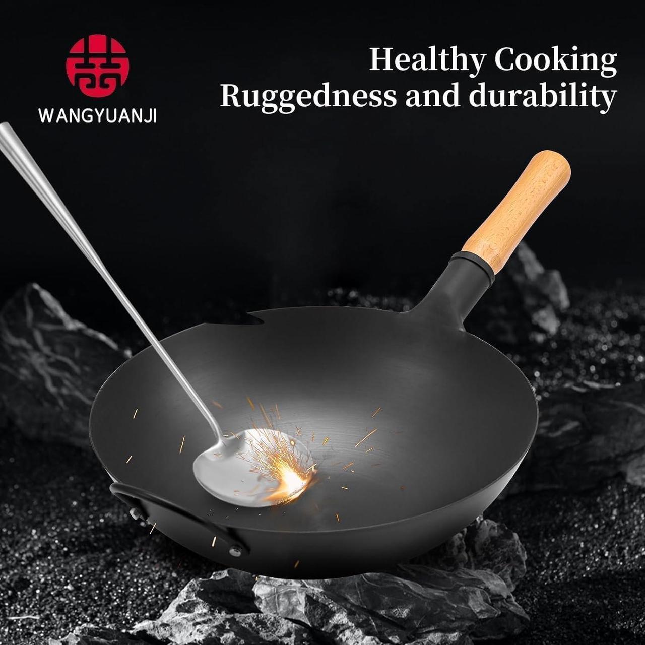 Alt view image 7 of 7 - WANGYUANJI Iron Wok,13.38 Traditional Round-Bottom Wok, Chefs Professional Stir-Fry Pan with Wooden Handle, Chemical-Free Wok for Gas Stoves and Round-Bottom Induction Stovetop(No lid included)