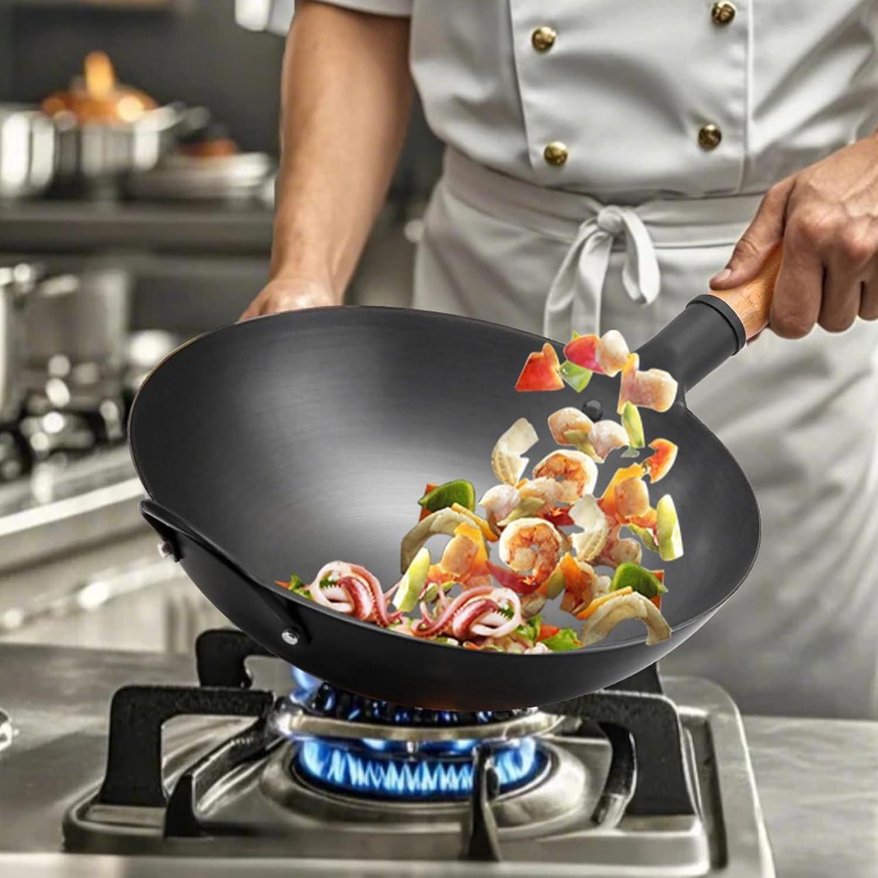 Alt view image 5 of 7 - WANGYUANJI Iron Wok,13.38 Traditional Round-Bottom Wok, Chefs Professional Stir-Fry Pan with Wooden Handle, Chemical-Free Wok for Gas Stoves and Round-Bottom Induction Stovetop(No lid included)
