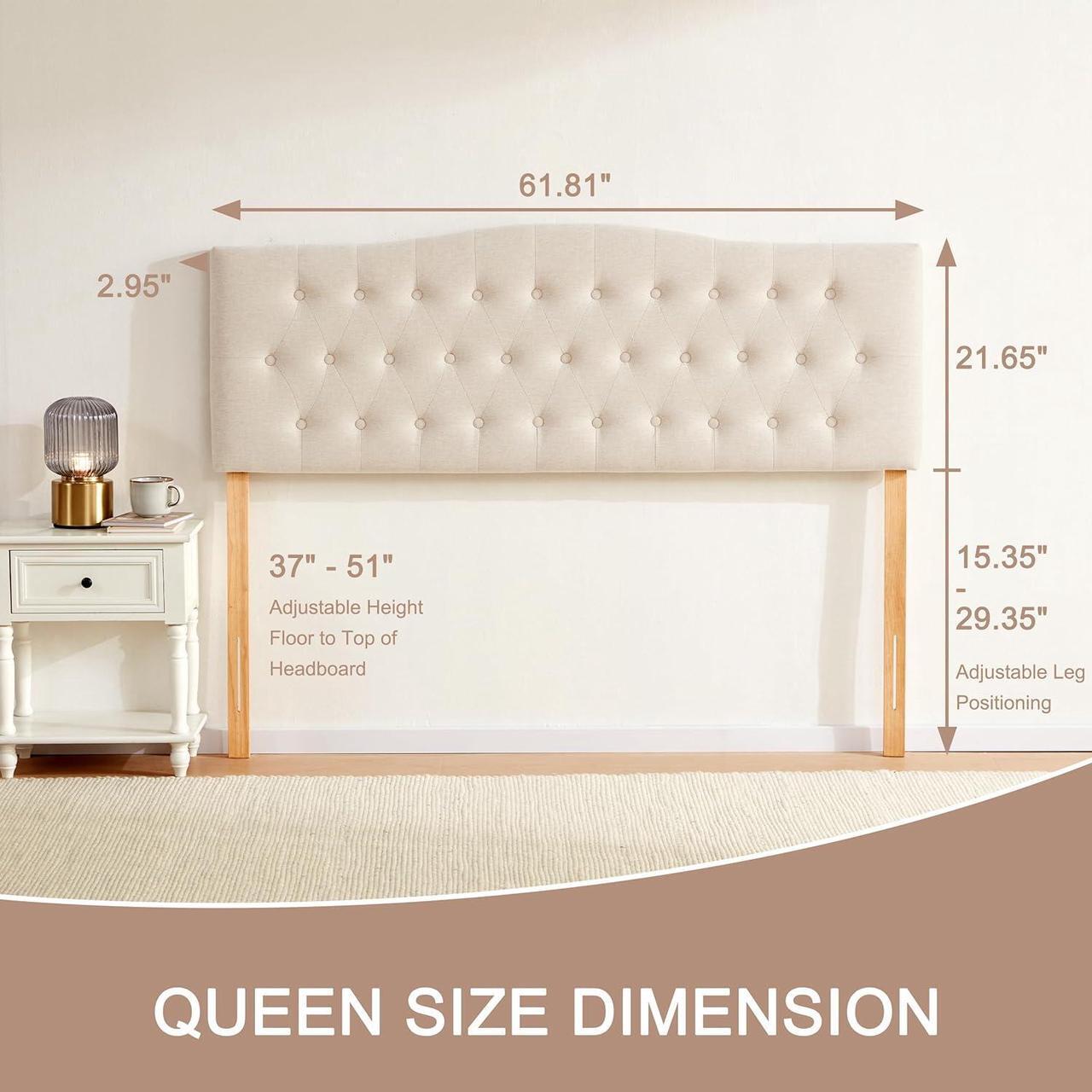 Alt view image 2 of 7 - Tufted Upholstered Headboard Queen Size, Sturdy and Durable Solid Wood Bed headboard, Fabric Headboard Adjustable Height from 37 to 51, Modern Button Diamond Design Head Board, Beige