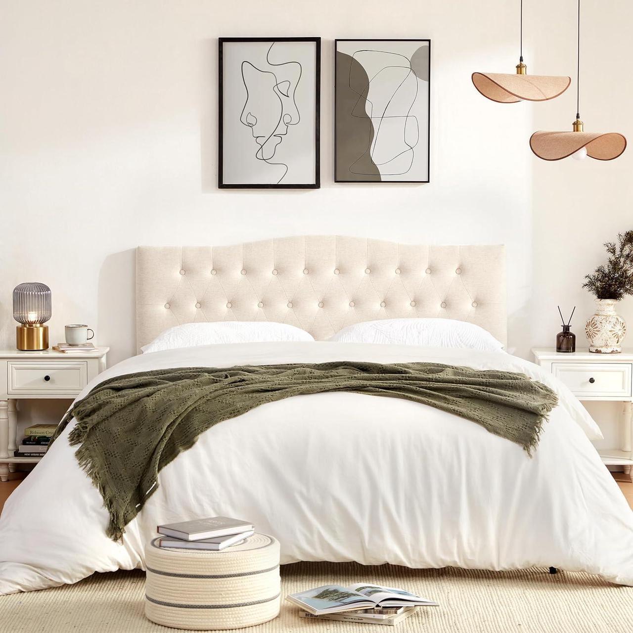 Alt view image 3 of 7 - Tufted Upholstered Headboard Queen Size, Sturdy and Durable Solid Wood Bed headboard, Fabric Headboard Adjustable Height from 37 to 51, Modern Button Diamond Design Head Board, Beige