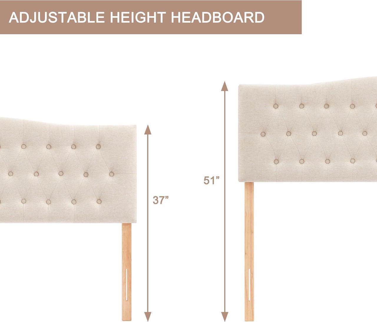 Alt view image 5 of 7 - Tufted Upholstered Headboard Queen Size, Sturdy and Durable Solid Wood Bed headboard, Fabric Headboard Adjustable Height from 37 to 51, Modern Button Diamond Design Head Board, Beige