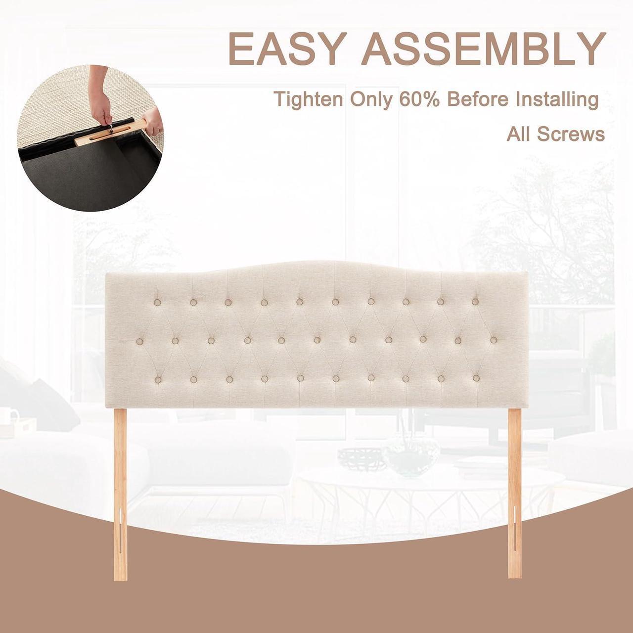 Alt view image 4 of 7 - Tufted Upholstered Headboard Queen Size, Sturdy and Durable Solid Wood Bed headboard, Fabric Headboard Adjustable Height from 37 to 51, Modern Button Diamond Design Head Board, Beige