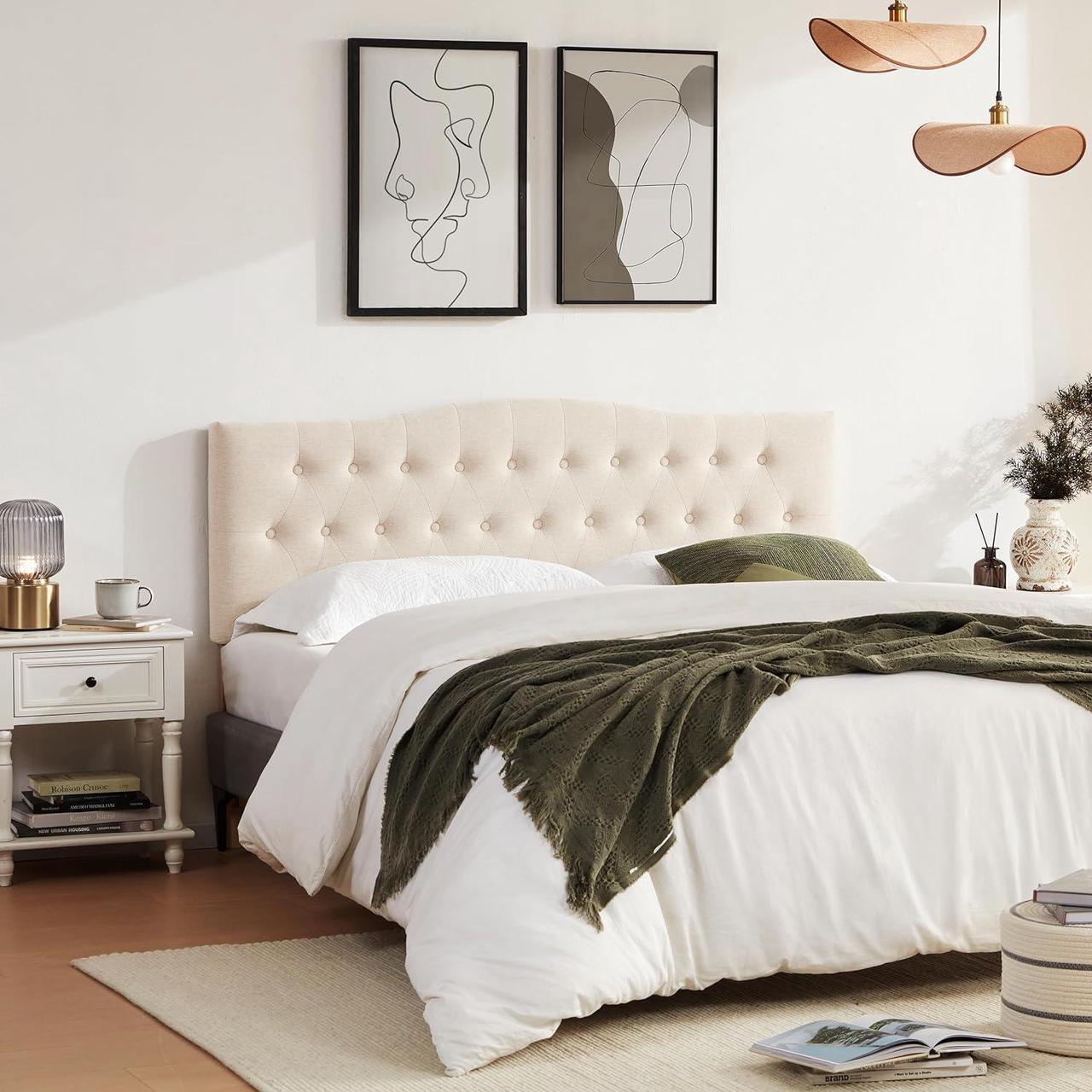 Alt view image 7 of 7 - Tufted Upholstered Headboard Queen Size, Sturdy and Durable Solid Wood Bed headboard, Fabric Headboard Adjustable Height from 37 to 51, Modern Button Diamond Design Head Board, Beige