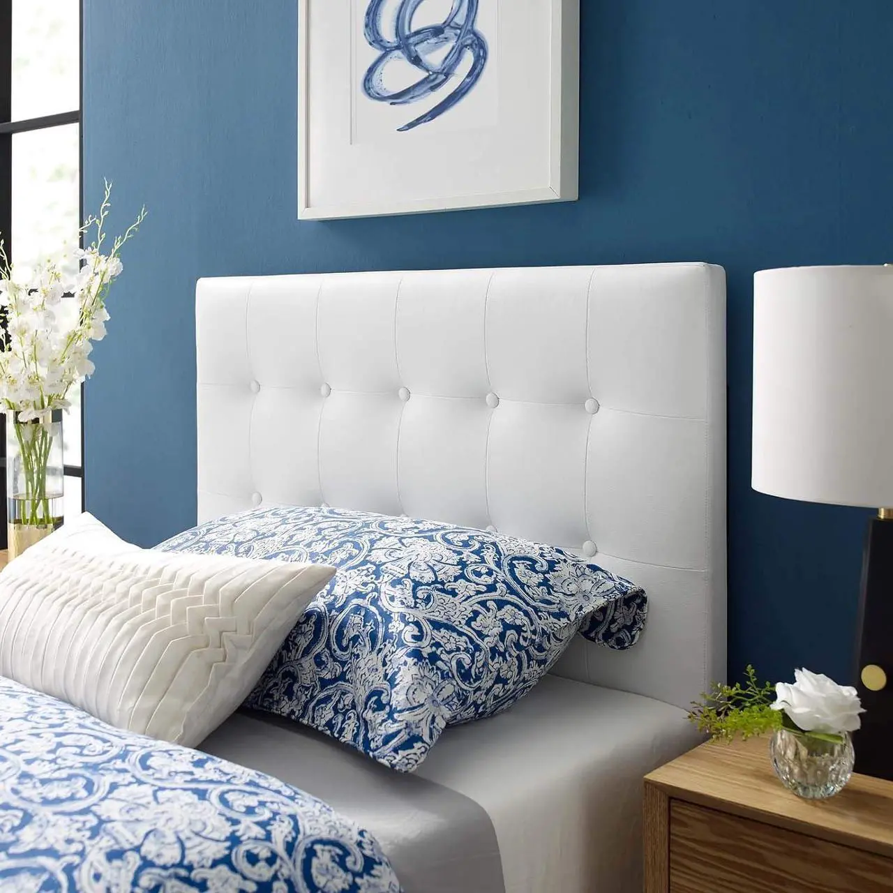 Main image of Modway Emily Tufted Button Faux Leather Upholstered Twin Headboard in White