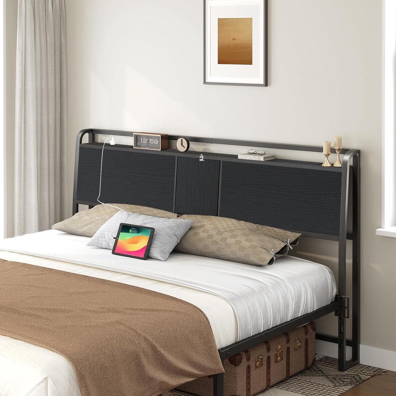 Main image of Headboard King Size, Headboard with 4 Outlets and 4 USB Ports, Industrial Headboard with Flip Door and Bed Frame Adapter, Height Adjustable, Black