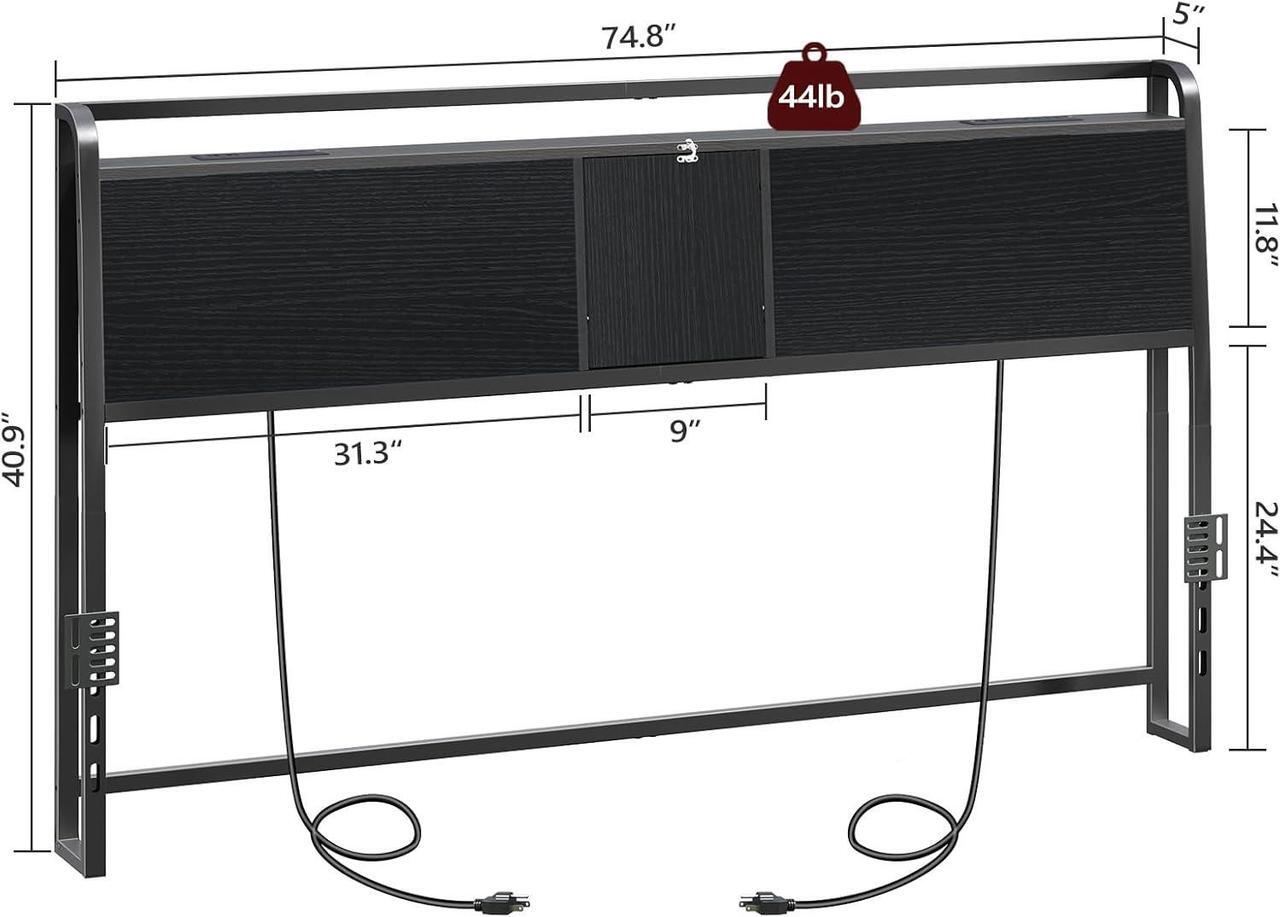 Alt view image 2 of 7 - Headboard King Size, Headboard with 4 Outlets and 4 USB Ports, Industrial Headboard with Flip Door and Bed Frame Adapter, Height Adjustable, Black