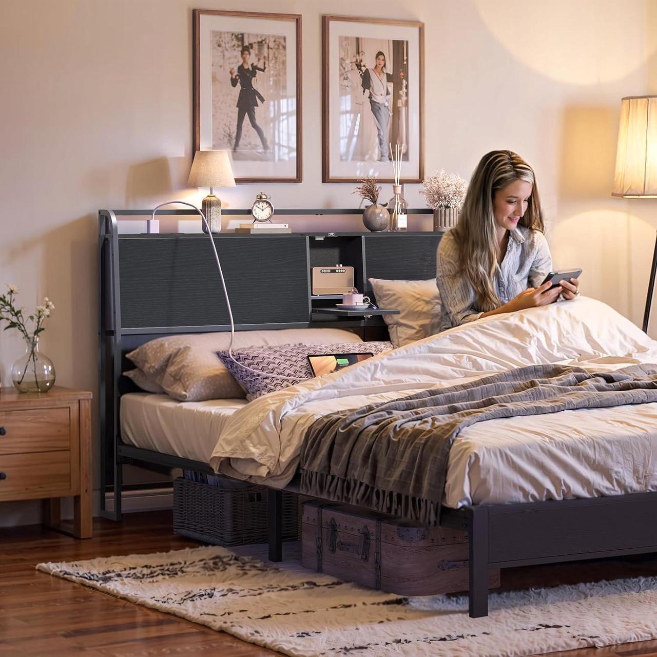 Alt view image 3 of 7 - Headboard King Size, Headboard with 4 Outlets and 4 USB Ports, Industrial Headboard with Flip Door and Bed Frame Adapter, Height Adjustable, Black