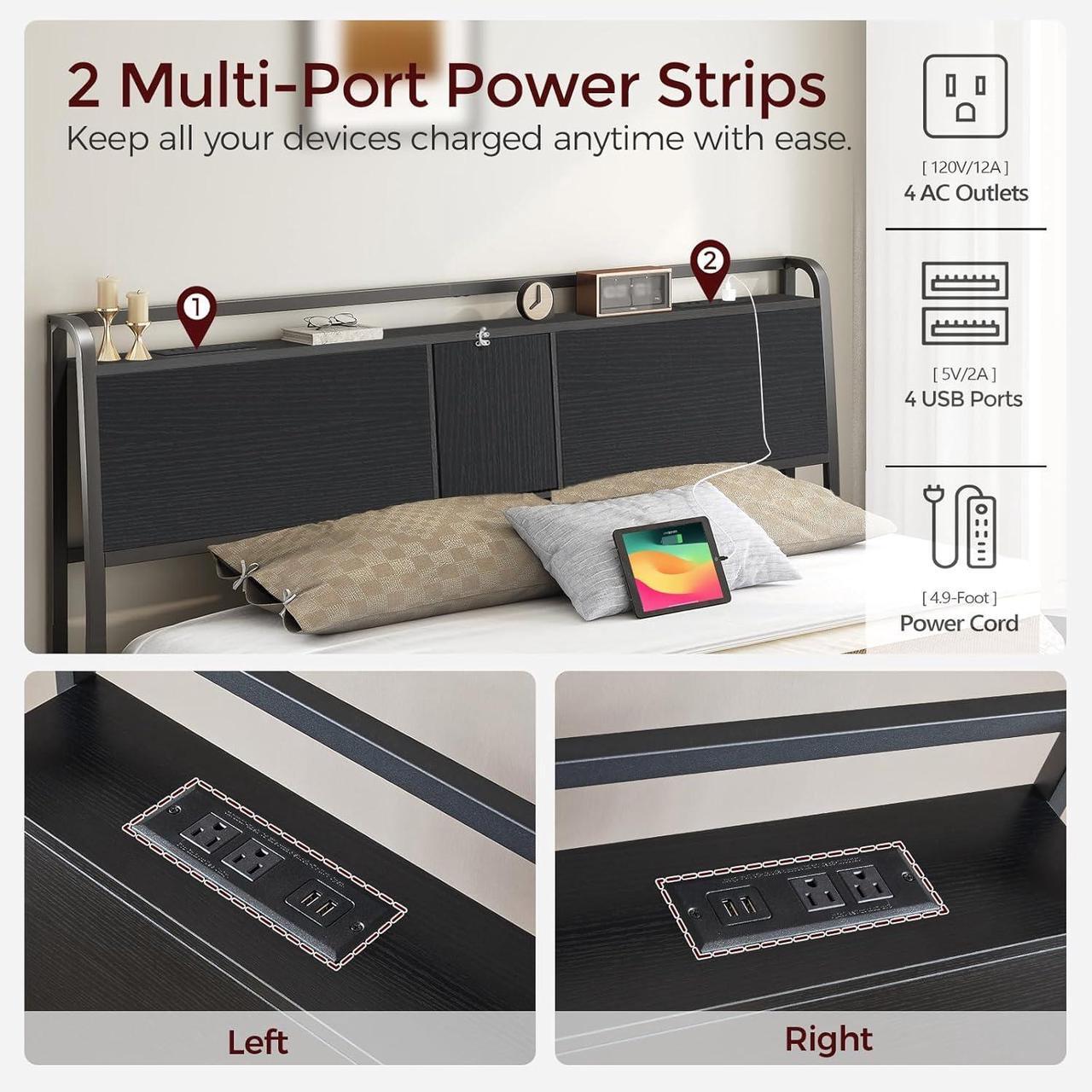 Alt view image 5 of 7 - Headboard King Size, Headboard with 4 Outlets and 4 USB Ports, Industrial Headboard with Flip Door and Bed Frame Adapter, Height Adjustable, Black