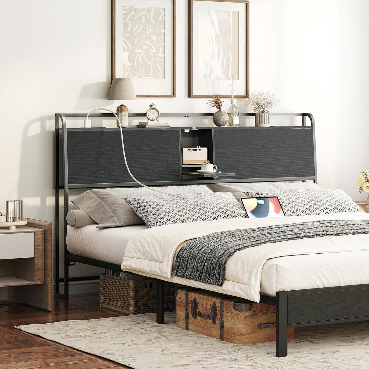Alt view image 6 of 7 - Headboard King Size, Headboard with 4 Outlets and 4 USB Ports, Industrial Headboard with Flip Door and Bed Frame Adapter, Height Adjustable, Black