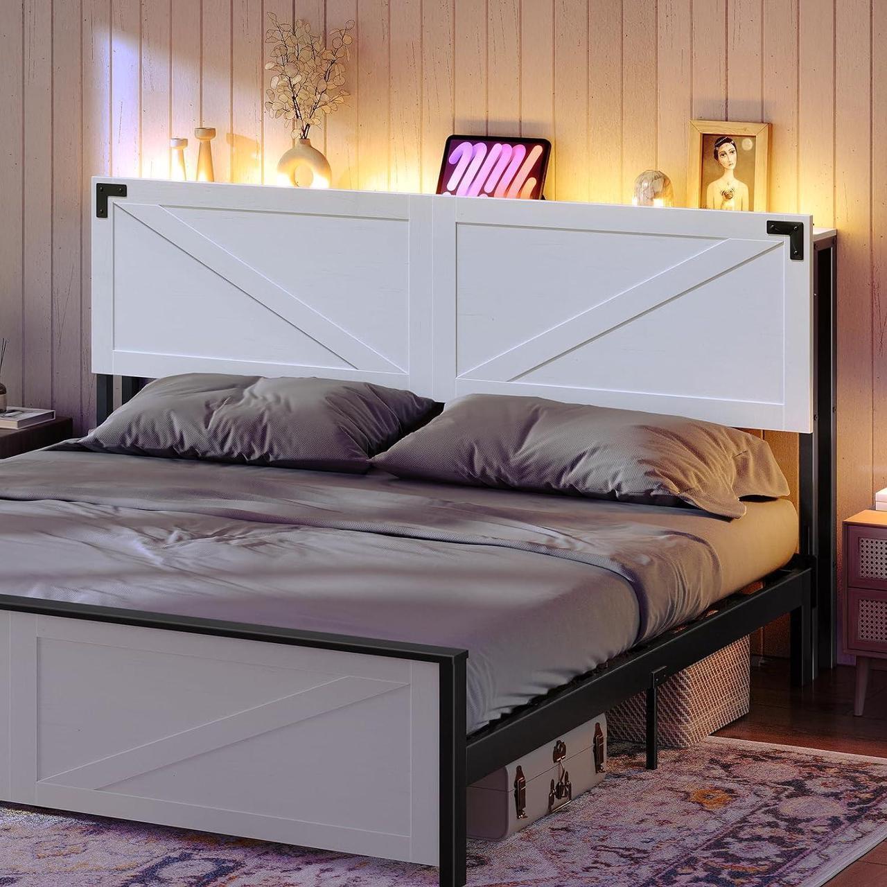 Main image of King Size Headboard Only, Headboard with 2 Outlets and 4 USB Ports, Farmhouse Headboard, with LED Lights, Secure Storage with Raised Fence, with Bed Frame Adapter, White and Black