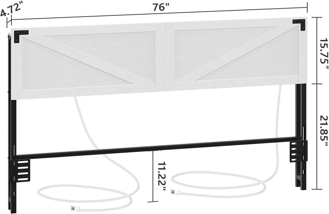 Alt view image 2 of 7 - King Size Headboard Only, Headboard with 2 Outlets and 4 USB Ports, Farmhouse Headboard, with LED Lights, Secure Storage with Raised Fence, with Bed Frame Adapter, White and Black