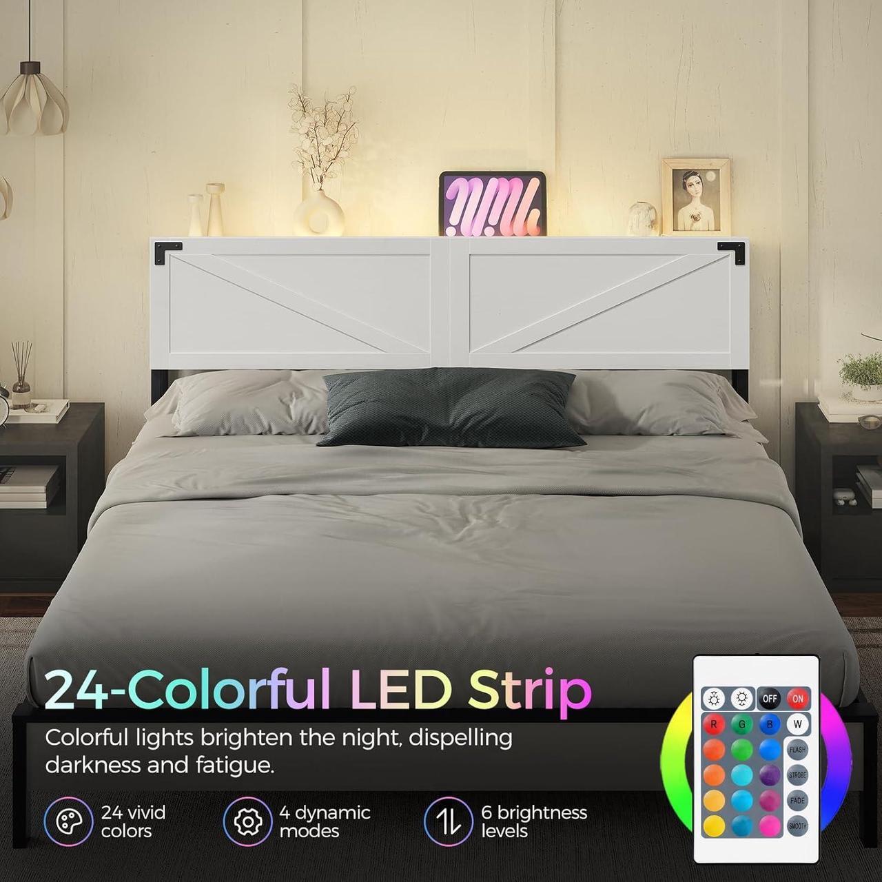 Alt view image 3 of 7 - King Size Headboard Only, Headboard with 2 Outlets and 4 USB Ports, Farmhouse Headboard, with LED Lights, Secure Storage with Raised Fence, with Bed Frame Adapter, White and Black