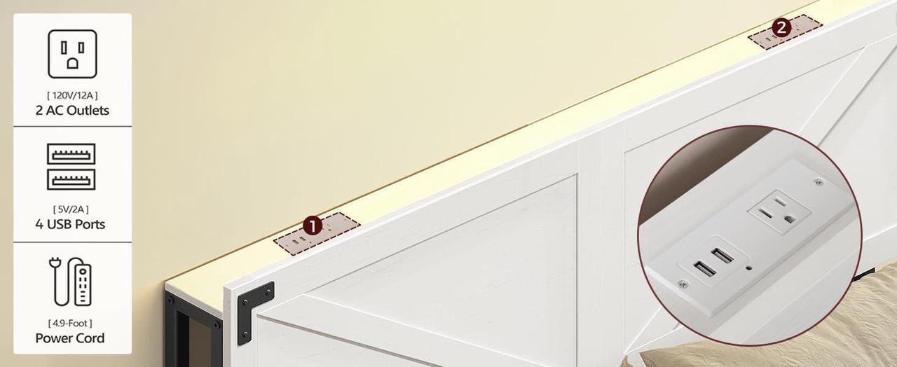 Alt view image 4 of 7 - King Size Headboard Only, Headboard with 2 Outlets and 4 USB Ports, Farmhouse Headboard, with LED Lights, Secure Storage with Raised Fence, with Bed Frame Adapter, White and Black