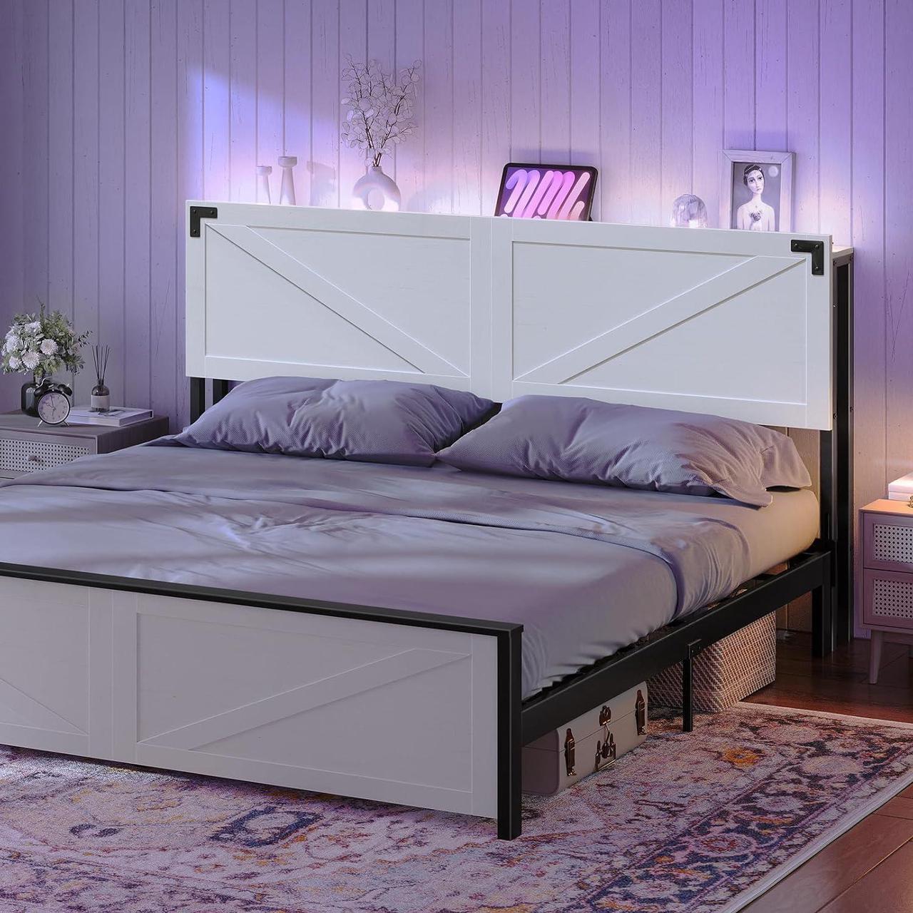 Alt view image 5 of 7 - King Size Headboard Only, Headboard with 2 Outlets and 4 USB Ports, Farmhouse Headboard, with LED Lights, Secure Storage with Raised Fence, with Bed Frame Adapter, White and Black