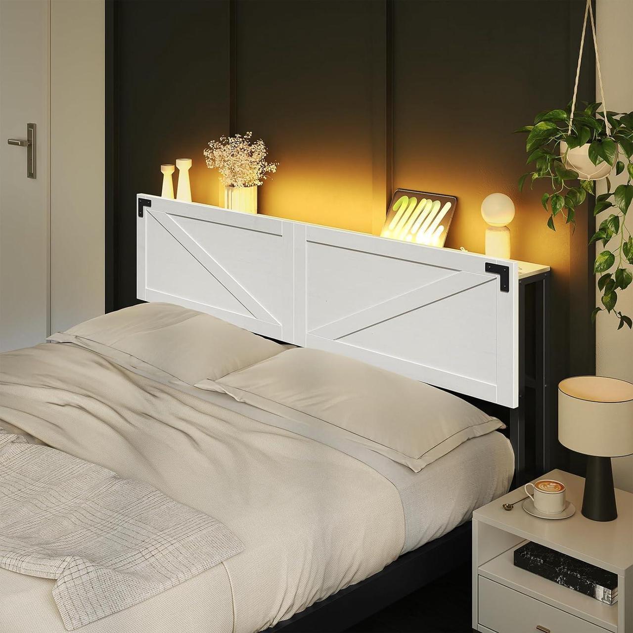 Alt view image 6 of 7 - King Size Headboard Only, Headboard with 2 Outlets and 4 USB Ports, Farmhouse Headboard, with LED Lights, Secure Storage with Raised Fence, with Bed Frame Adapter, White and Black
