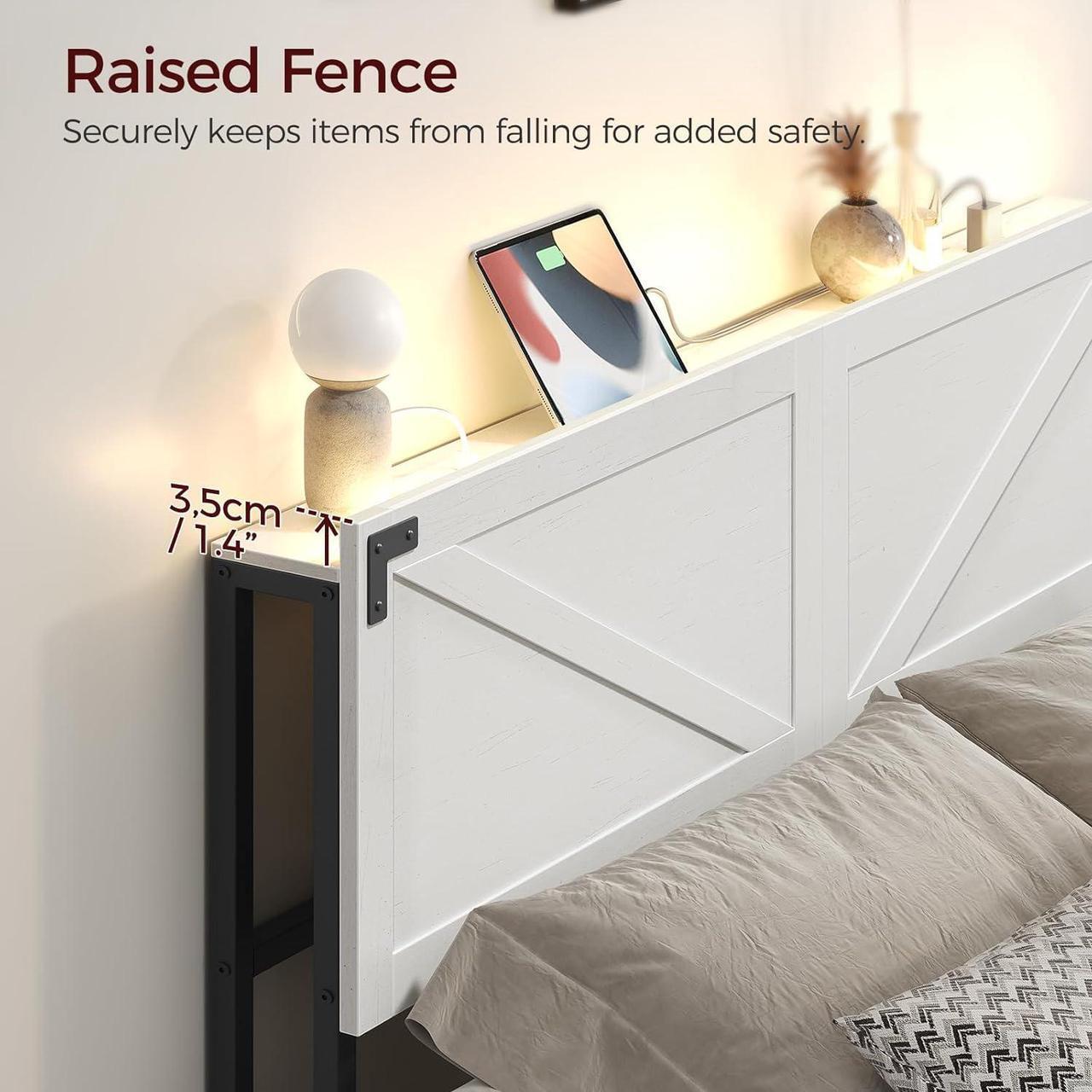 Alt view image 7 of 7 - King Size Headboard Only, Headboard with 2 Outlets and 4 USB Ports, Farmhouse Headboard, with LED Lights, Secure Storage with Raised Fence, with Bed Frame Adapter, White and Black
