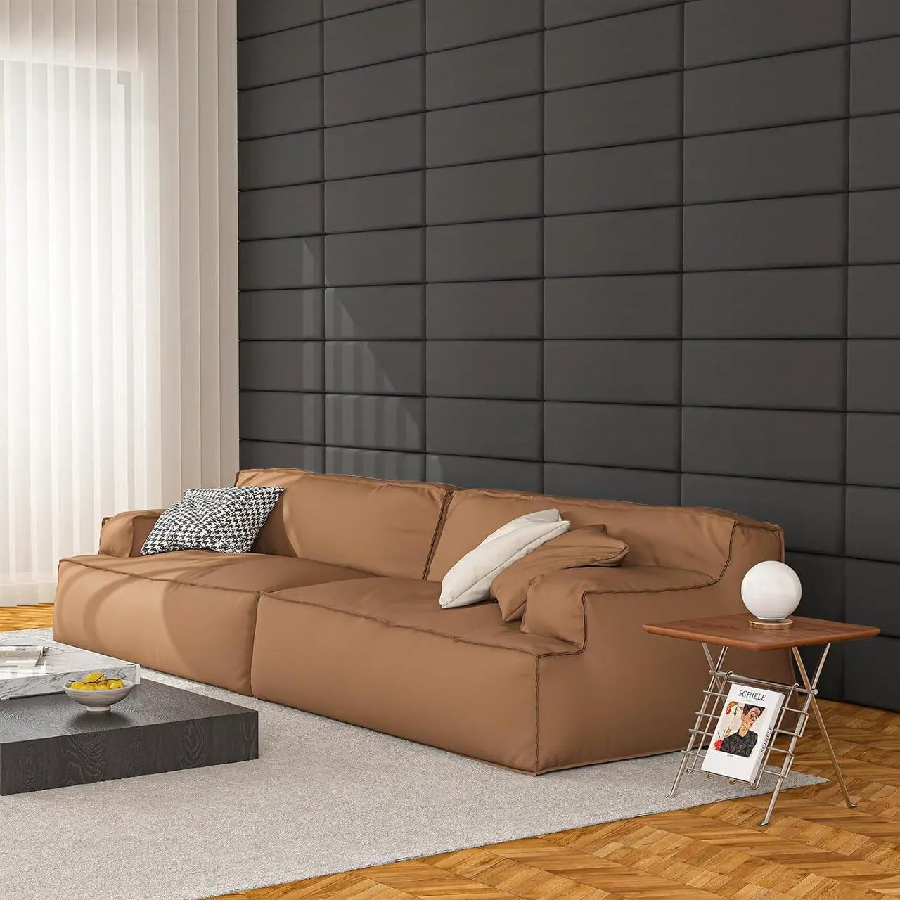 Alt view image 2 of 7 - Art3d Peel and Stick Headboard for King, Full and Queen in Velvet Smoky Gray, Pack of 12 Panels Sized 9.84" x 23.62", Soundproof Wall Panels 3D, Upholstered Wall Panel