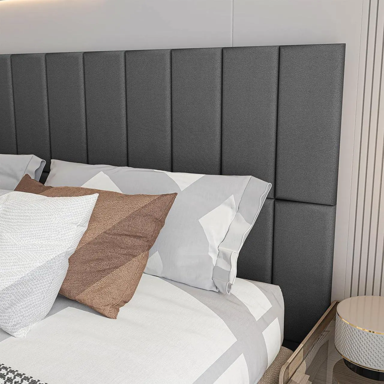 Alt view image 4 of 7 - Art3d Peel and Stick Headboard for King, Full and Queen in Velvet Smoky Gray, Pack of 12 Panels Sized 9.84" x 23.62", Soundproof Wall Panels 3D, Upholstered Wall Panel