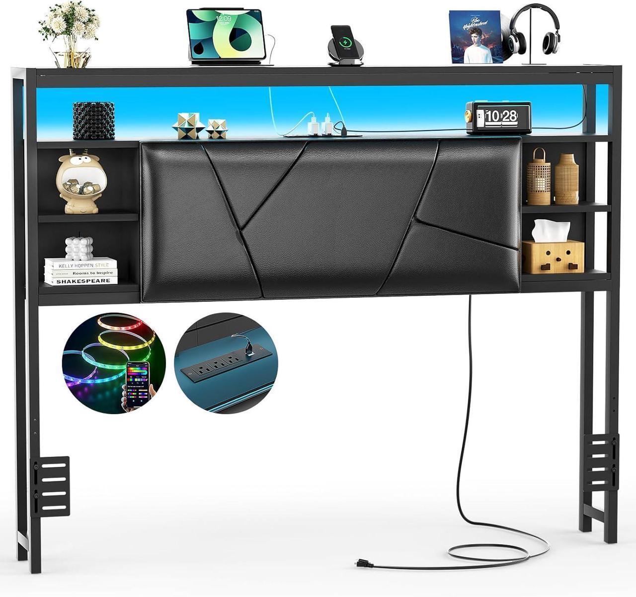 Main image of Full Size Headboard with Charging Station and Smart RGB LED Light, Full Bed Upholstered Head Board with Storage Shelves, Sturdy and Solid Headboards for Bedroom, Guest Room and Dorm, Black