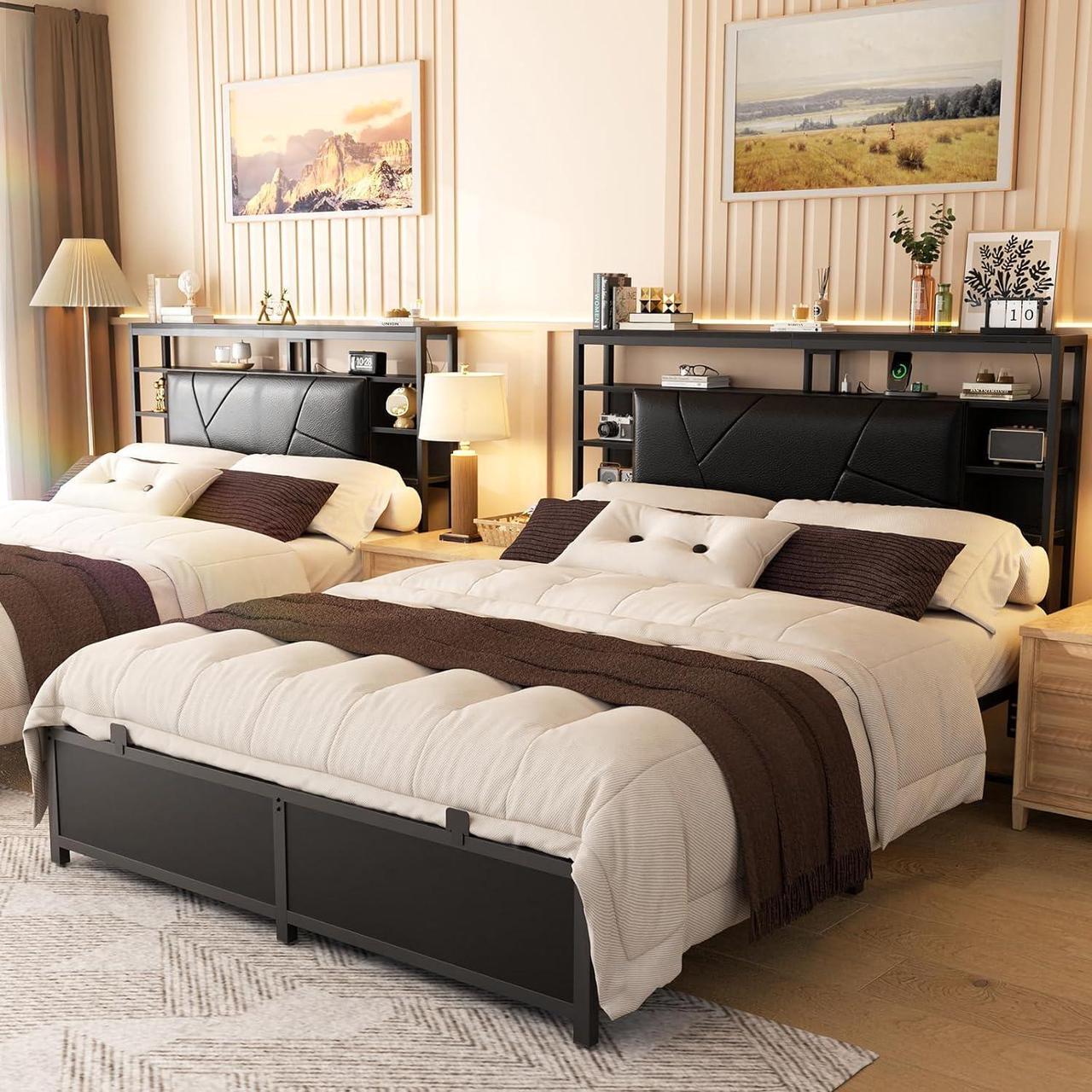 Alt view image 2 of 7 - Full Size Headboard with Charging Station and Smart RGB LED Light, Full Bed Upholstered Head Board with Storage Shelves, Sturdy and Solid Headboards for Bedroom, Guest Room and Dorm, Black