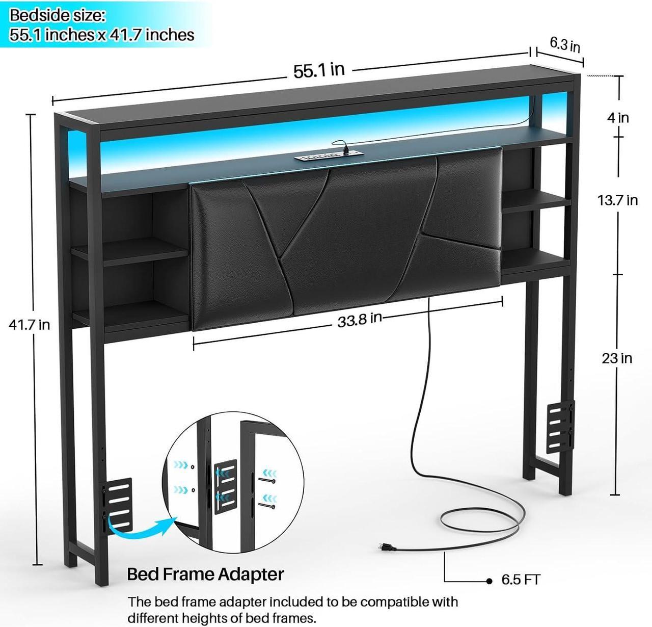 Alt view image 3 of 7 - Full Size Headboard with Charging Station and Smart RGB LED Light, Full Bed Upholstered Head Board with Storage Shelves, Sturdy and Solid Headboards for Bedroom, Guest Room and Dorm, Black