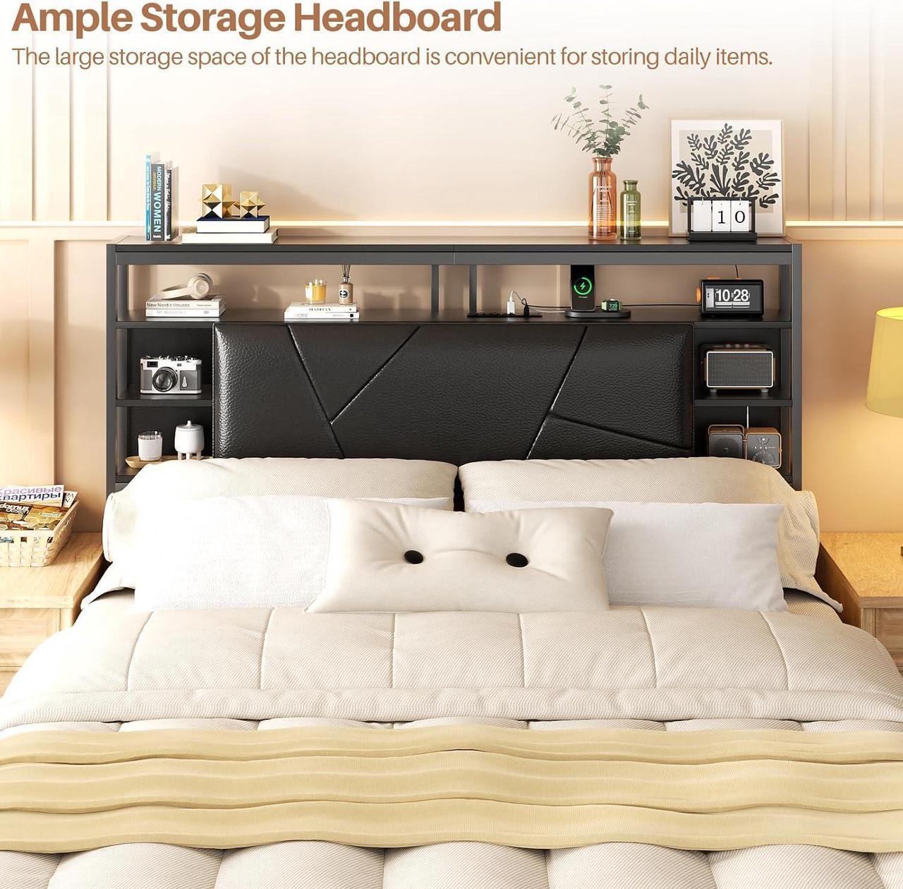 Alt view image 6 of 7 - Full Size Headboard with Charging Station and Smart RGB LED Light, Full Bed Upholstered Head Board with Storage Shelves, Sturdy and Solid Headboards for Bedroom, Guest Room and Dorm, Black