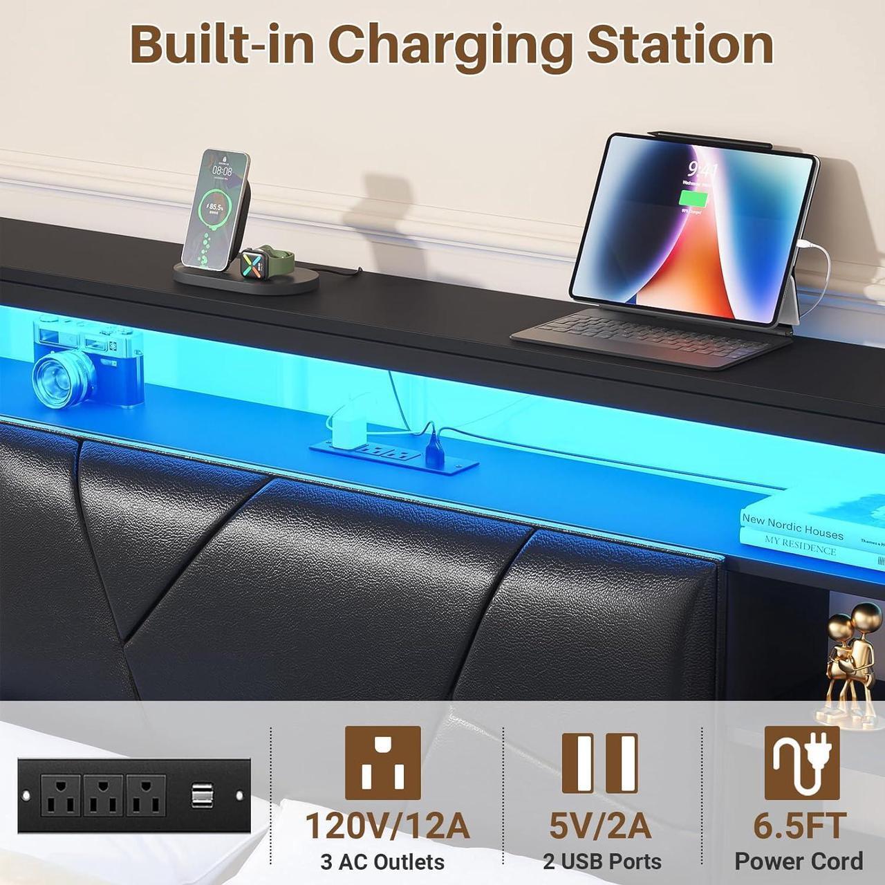 Alt view image 4 of 7 - Full Size Headboard with Charging Station and Smart RGB LED Light, Full Bed Upholstered Head Board with Storage Shelves, Sturdy and Solid Headboards for Bedroom, Guest Room and Dorm, Black