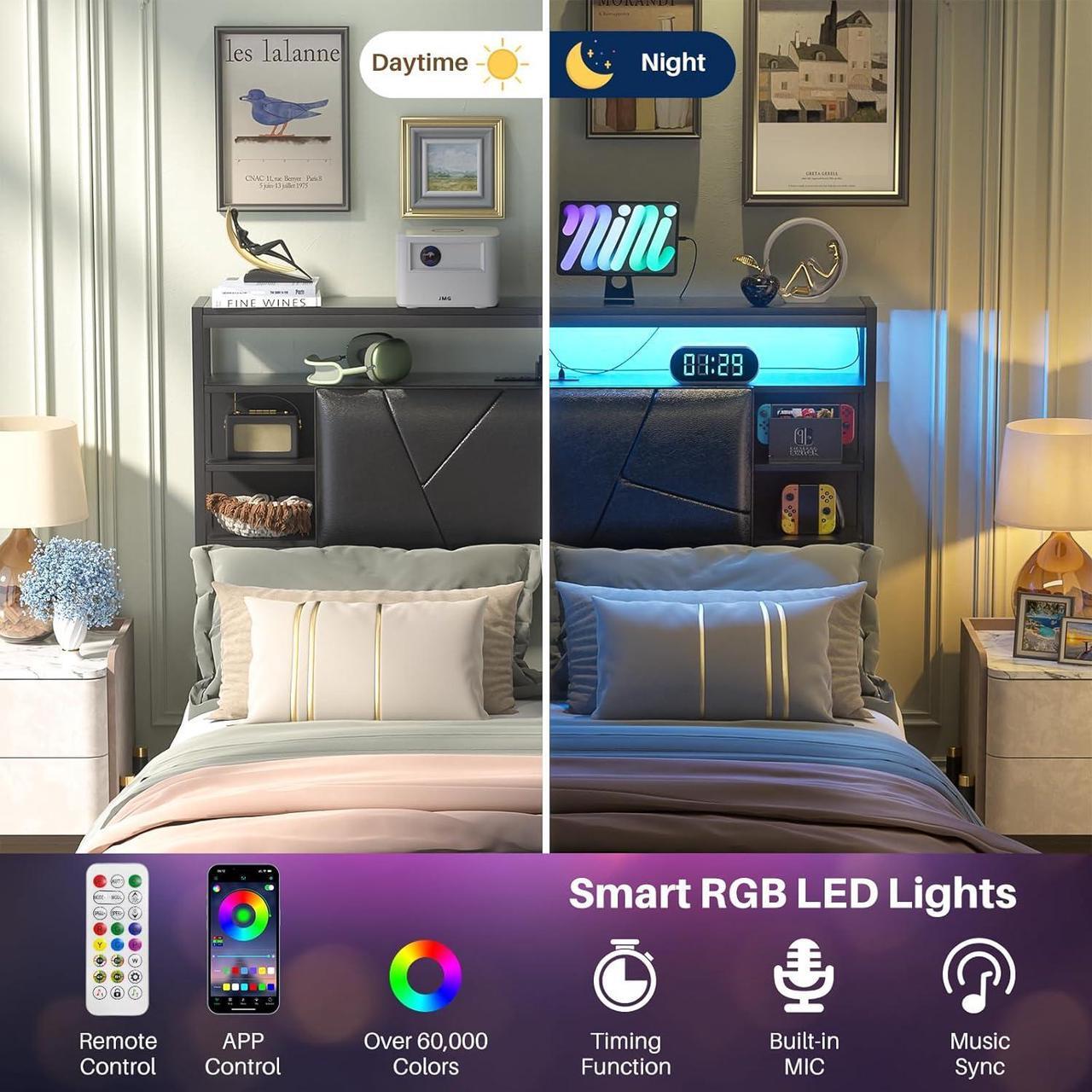 Alt view image 7 of 7 - Full Size Headboard with Charging Station and Smart RGB LED Light, Full Bed Upholstered Head Board with Storage Shelves, Sturdy and Solid Headboards for Bedroom, Guest Room and Dorm, Black