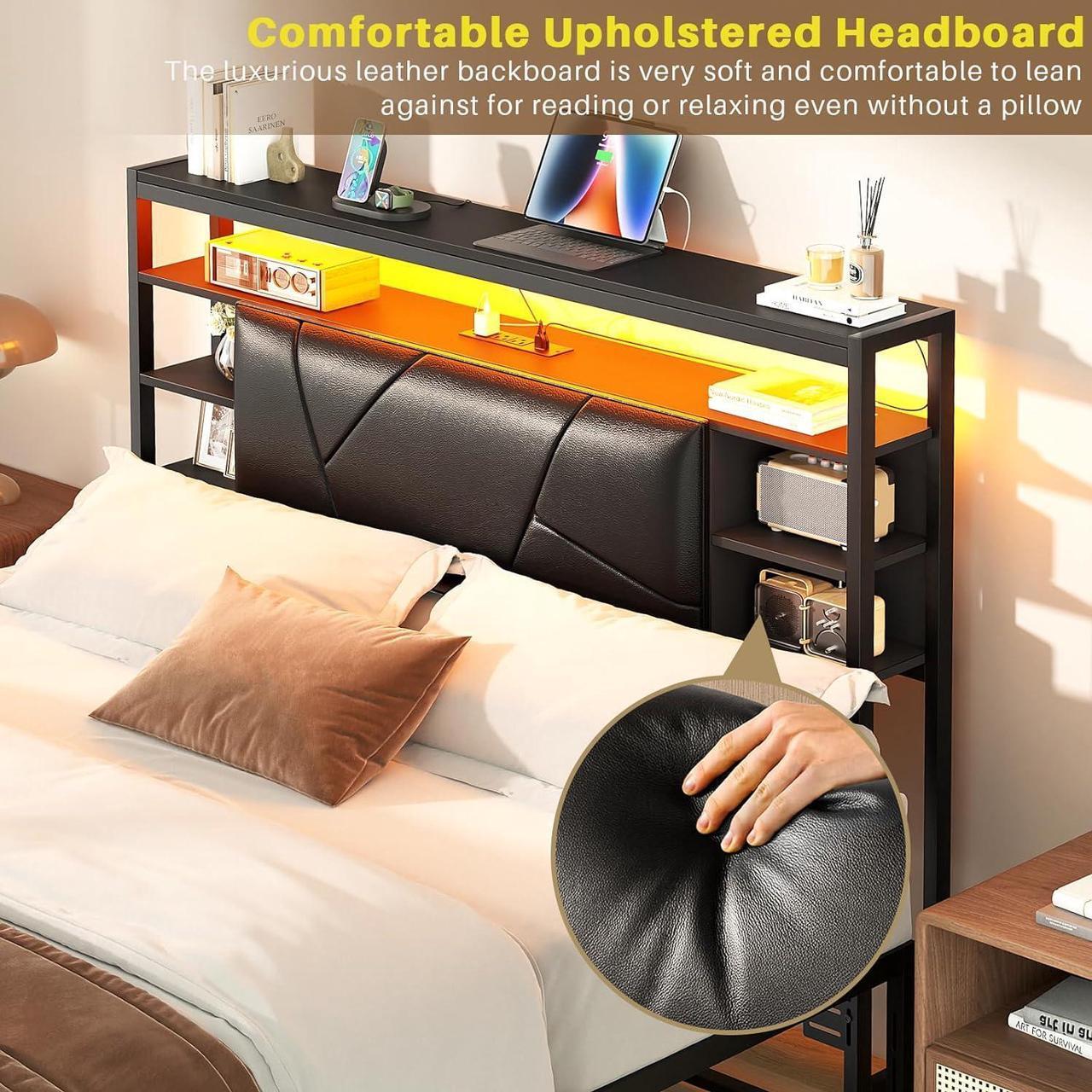 Alt view image 5 of 7 - Full Size Headboard with Charging Station and Smart RGB LED Light, Full Bed Upholstered Head Board with Storage Shelves, Sturdy and Solid Headboards for Bedroom, Guest Room and Dorm, Black