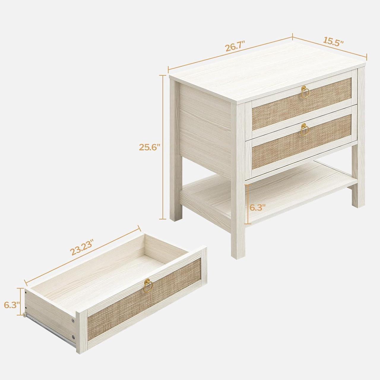 Alt view image 2 of 7 - SICOTAS White Night Stand Set of 2, Large Nightstand with Drawers and Storage Shelf - Rattan Boho Bedside Table Narrow Side Table for Bedroom, Small Space