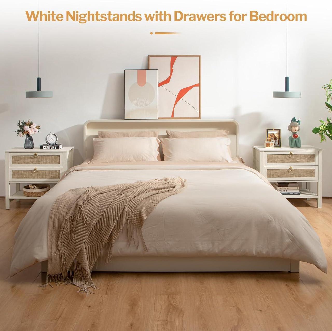 Alt view image 4 of 7 - SICOTAS White Night Stand Set of 2, Large Nightstand with Drawers and Storage Shelf - Rattan Boho Bedside Table Narrow Side Table for Bedroom, Small Space