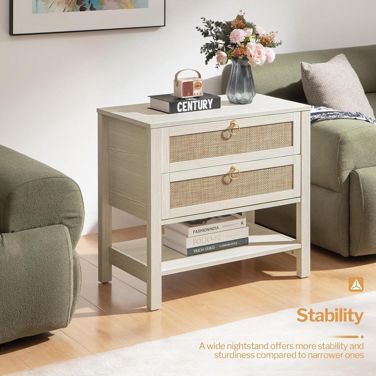 Alt view image 5 of 7 - SICOTAS White Night Stand Set of 2, Large Nightstand with Drawers and Storage Shelf - Rattan Boho Bedside Table Narrow Side Table for Bedroom, Small Space
