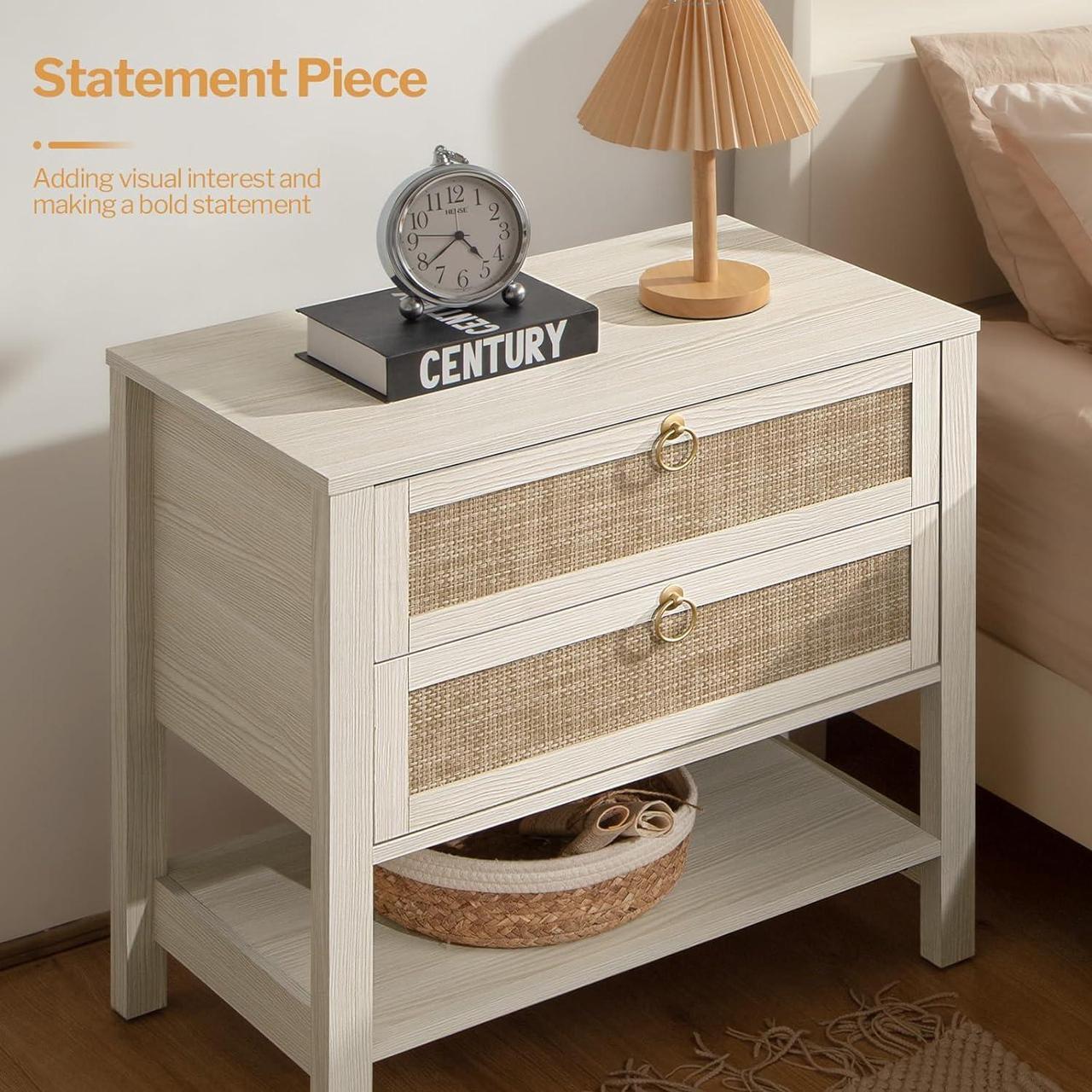 Alt view image 3 of 7 - SICOTAS White Night Stand Set of 2, Large Nightstand with Drawers and Storage Shelf - Rattan Boho Bedside Table Narrow Side Table for Bedroom, Small Space