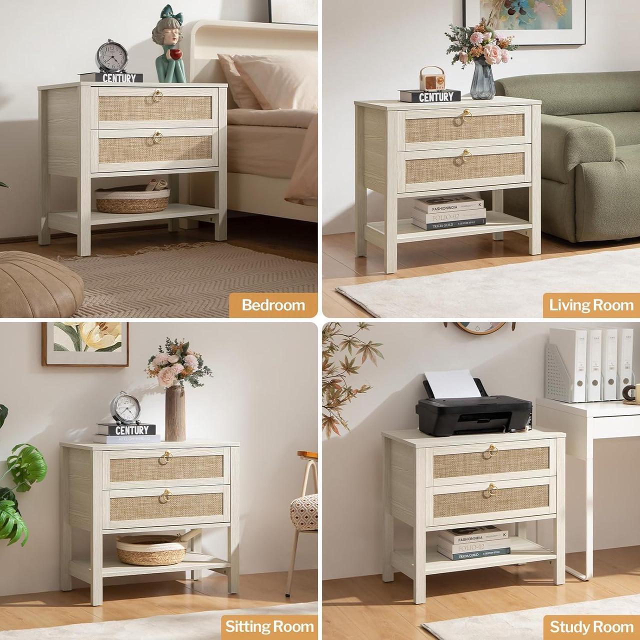 Alt view image 7 of 7 - SICOTAS White Night Stand Set of 2, Large Nightstand with Drawers and Storage Shelf - Rattan Boho Bedside Table Narrow Side Table for Bedroom, Small Space