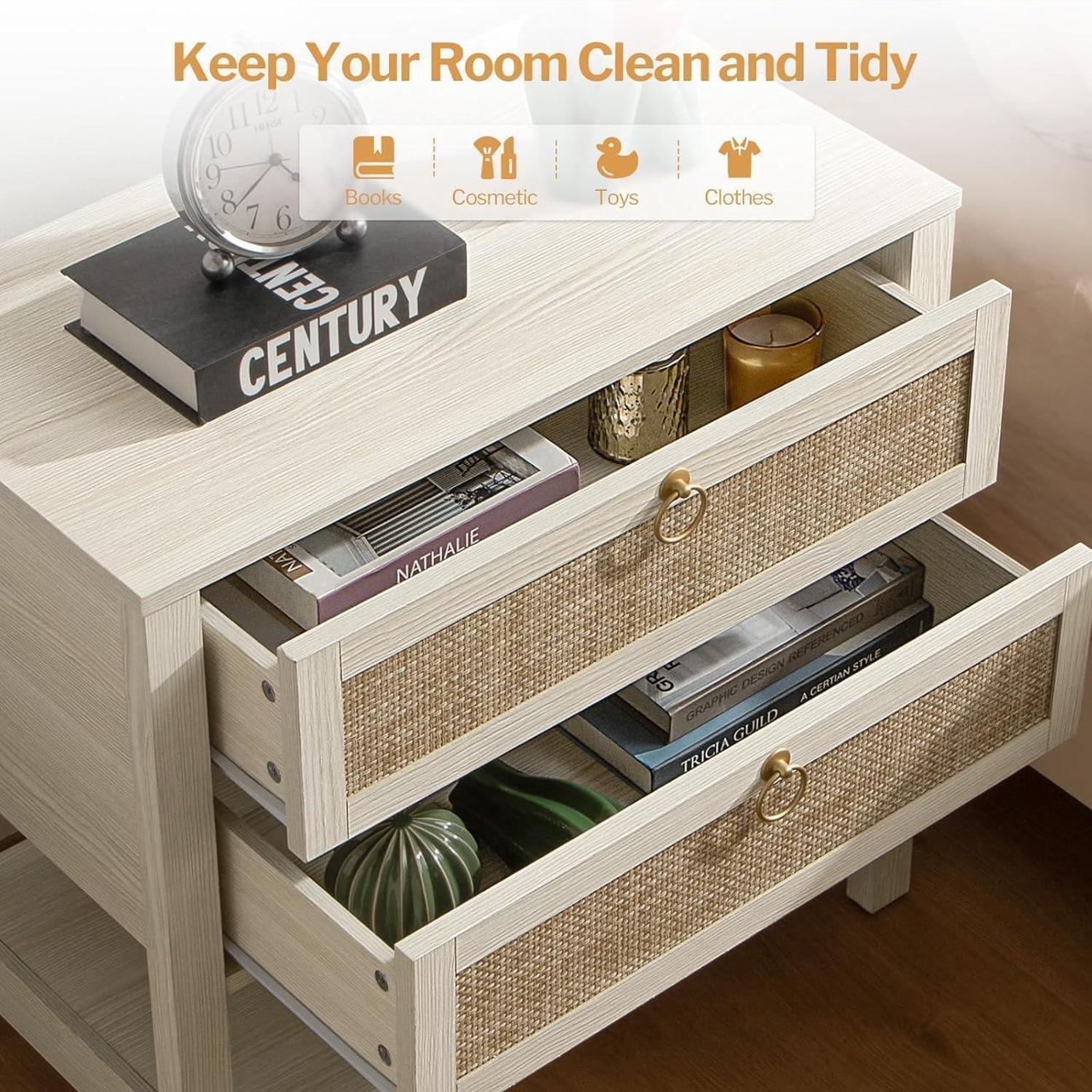 Alt view image 6 of 7 - SICOTAS White Night Stand Set of 2, Large Nightstand with Drawers and Storage Shelf - Rattan Boho Bedside Table Narrow Side Table for Bedroom, Small Space