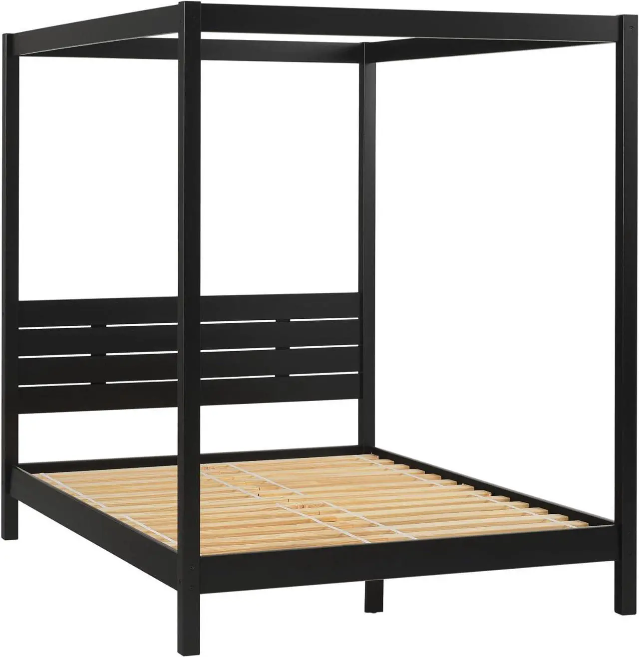 Main image of Walker Edison Ayla Boho Slatted Headboard Queen Bedframe with Canopy, Queen Size, Black