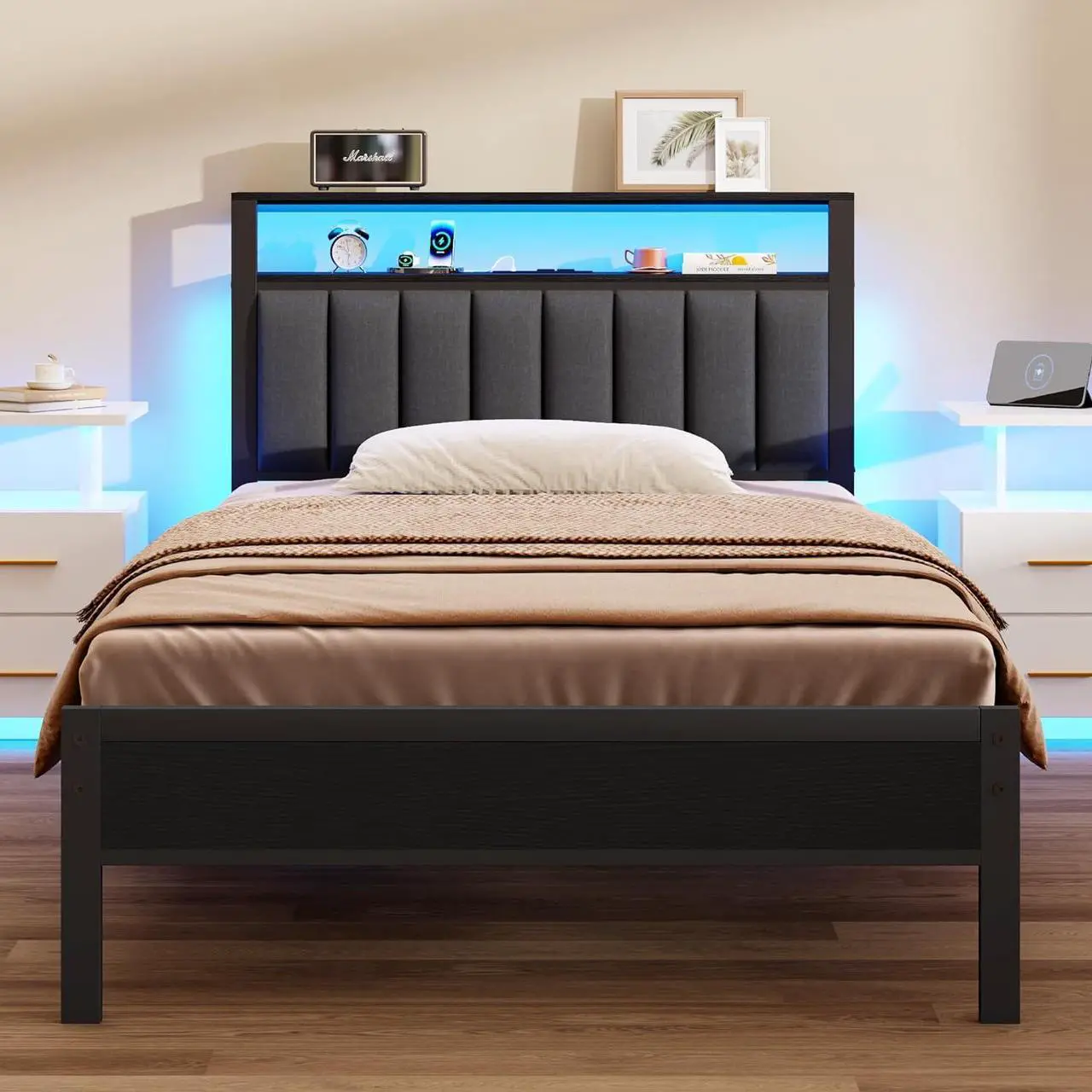 Main image of Furnulem Twin Size Bed Frame with Charging Station and LED Lights, Platform Bed with Metal Slats, Grey Upholstered Headboard with 2-Tier Storage Shelves, No Box Spring Needed
