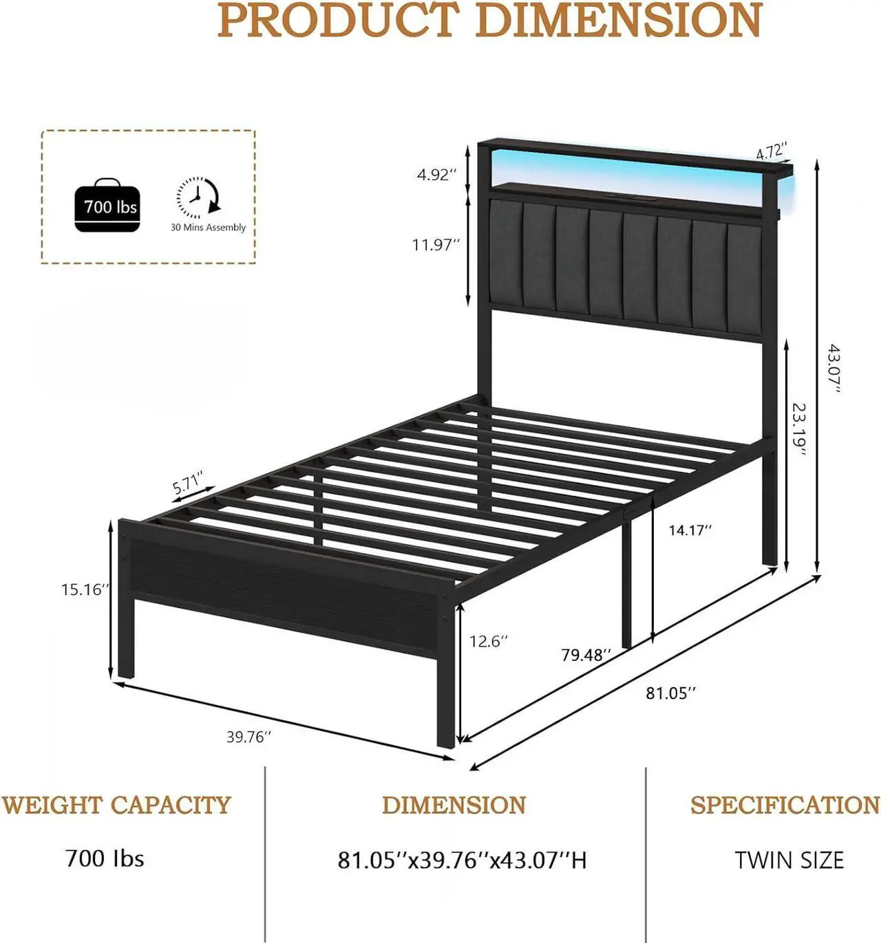 Alt view image 2 of 7 - Furnulem Twin Size Bed Frame with Charging Station and LED Lights, Platform Bed with Metal Slats, Grey Upholstered Headboard with 2-Tier Storage Shelves, No Box Spring Needed