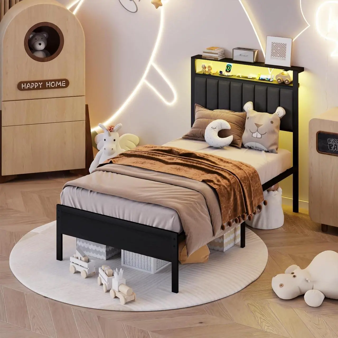 Alt view image 3 of 7 - Furnulem Twin Size Bed Frame with Charging Station and LED Lights, Platform Bed with Metal Slats, Grey Upholstered Headboard with 2-Tier Storage Shelves, No Box Spring Needed
