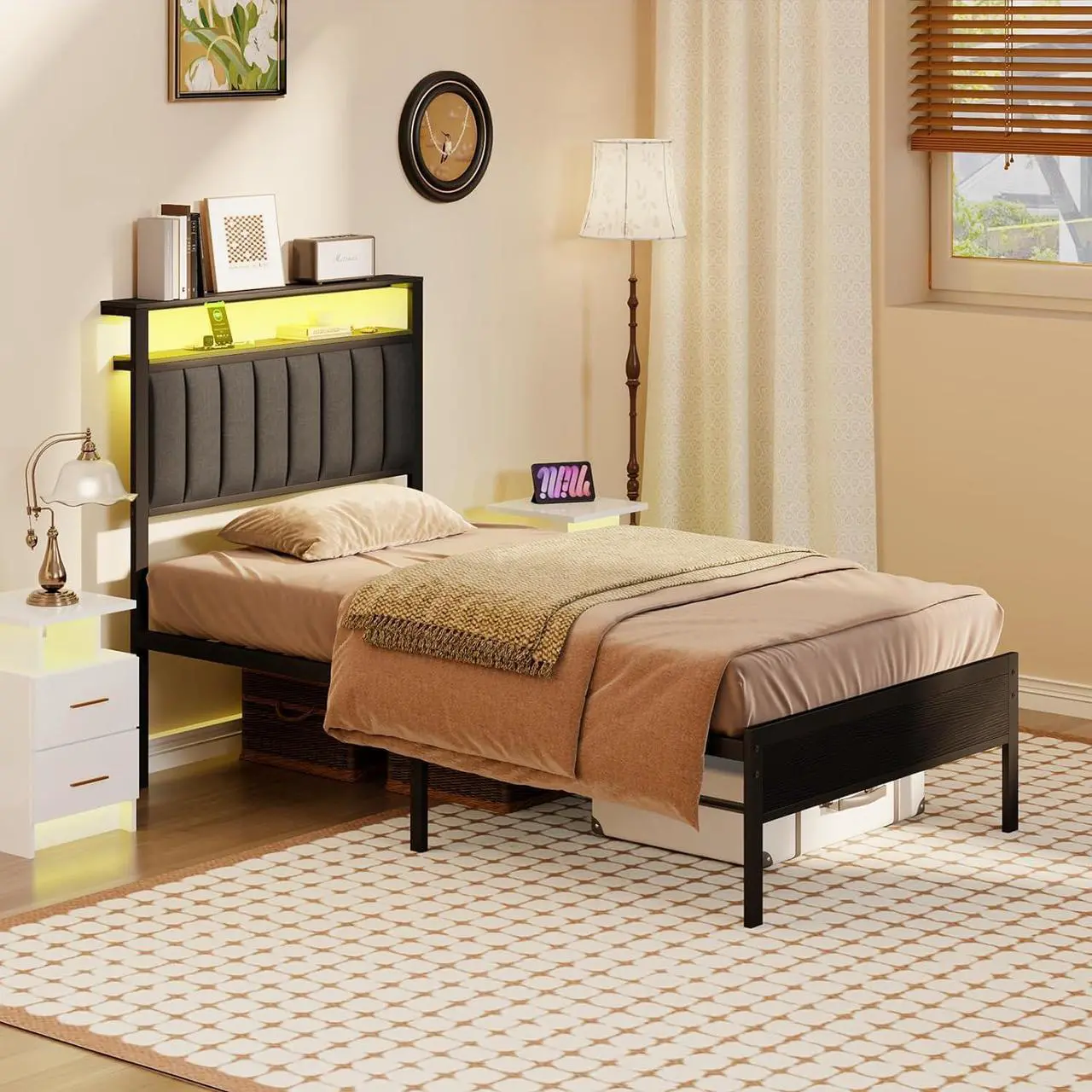 Alt view image 5 of 7 - Furnulem Twin Size Bed Frame with Charging Station and LED Lights, Platform Bed with Metal Slats, Grey Upholstered Headboard with 2-Tier Storage Shelves, No Box Spring Needed