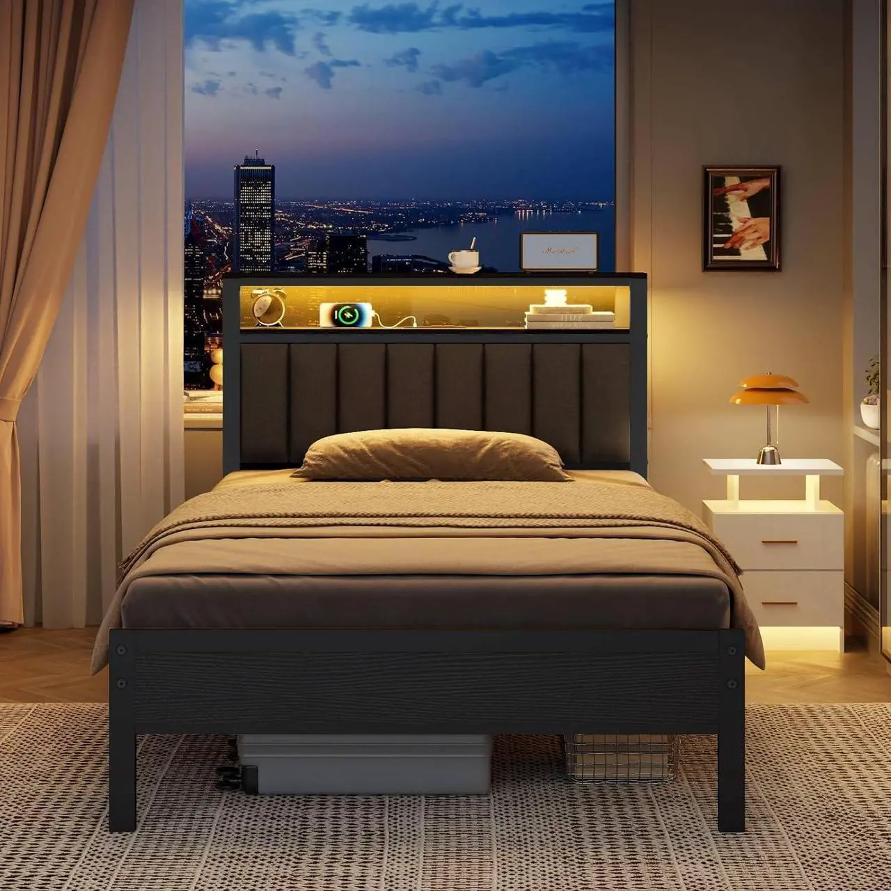 Alt view image 4 of 7 - Furnulem Twin Size Bed Frame with Charging Station and LED Lights, Platform Bed with Metal Slats, Grey Upholstered Headboard with 2-Tier Storage Shelves, No Box Spring Needed