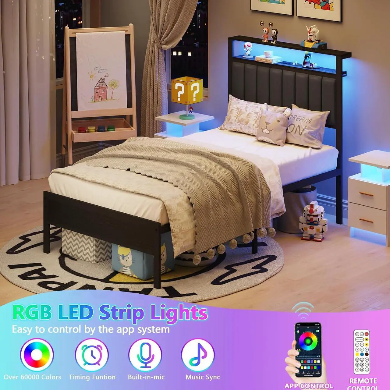 Alt view image 6 of 7 - Furnulem Twin Size Bed Frame with Charging Station and LED Lights, Platform Bed with Metal Slats, Grey Upholstered Headboard with 2-Tier Storage Shelves, No Box Spring Needed