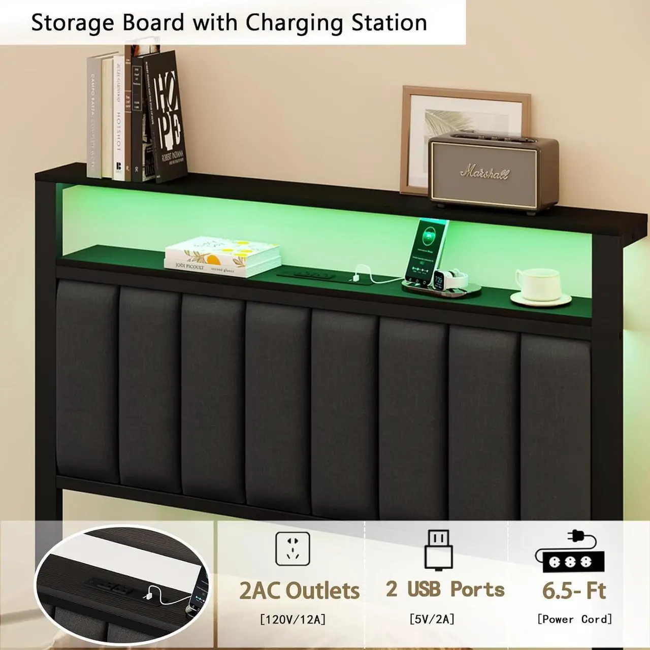 Alt view image 7 of 7 - Furnulem Twin Size Bed Frame with Charging Station and LED Lights, Platform Bed with Metal Slats, Grey Upholstered Headboard with 2-Tier Storage Shelves, No Box Spring Needed