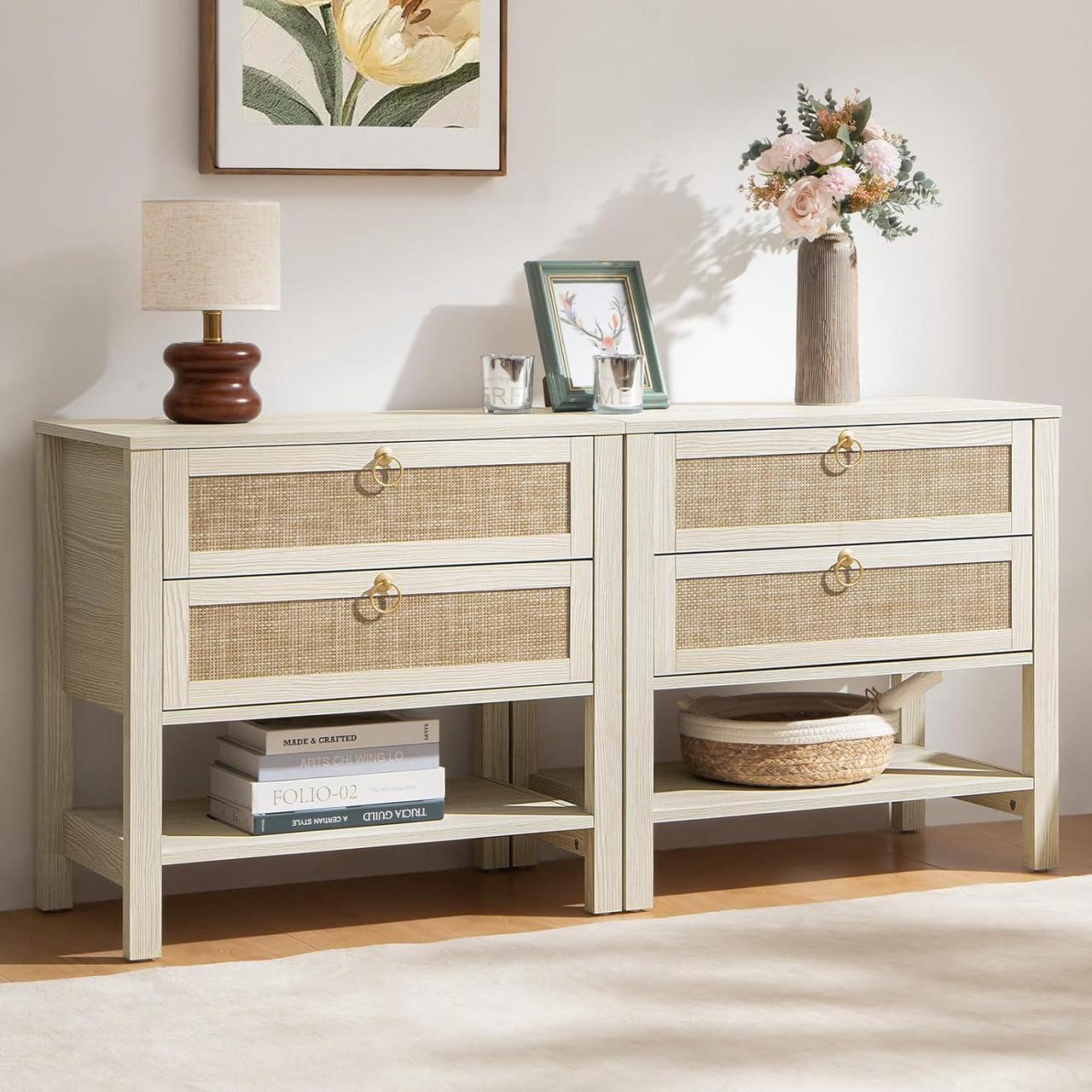 Main image of SICOTAS White Night Stand Set of 2, Large Nightstand with Drawers and Storage Shelf - Rattan Boho Bedside Table Narrow Side Table for Bedroom, Small Space